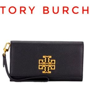 Tory Burch Britten Smartphone Continental Wallet Wristlet EUC Gold Logo
